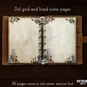 May include: Open brown leather bound journal with a ring binder. The pages are lined and have a vintage aesthetic with a decorative border of butterflies, stars, and candles. The text on the page reads "Dot grid and lined notes pages" and "All pages come in ink-saver version too!"