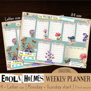 Enola Holmes weekly pad planner A4 + LETTER size | Print yourself deskpad printable | Vintage notepad wall planner colorful joyful