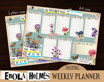 Enola Holmes weekly pad planner A4 + LETTER size | Print yourself deskpad printable | Vintage notepad wall planner colorful joyful