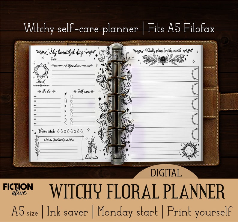 Witch's planner printable A5 size ink-saver | Print yourself undated floral journal | Self care magic witchy printable | Black white planner 