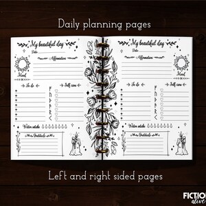 May include: Two pages of a daily planner with a floral design. The pages are open to show the left and right sides. The left page has a section for "My beautiful day" with space for the date, affirmation, mood, to do, self care, water intake, and gratitude. The right page is the same but mirrored.