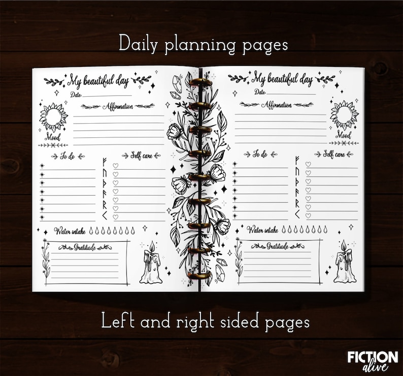 May include: Two pages of a daily planner with a floral design. The pages are open to show the left and right sides. The left page has a section for "My beautiful day" with space for the date, affirmation, mood, to do, self care, water intake, and gratitude. The right page is the same but mirrored.