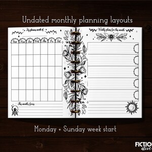 May include: Black and white printable planner pages with floral and celestial illustrations. The pages are designed for monthly and weekly planning. The text on the page reads "Undated monthly planning layouts", "My planning month of", "Sun Mon Tue Wed Thu Fri Sat", "Thy months focus", "Weekly plans for thy month", and "Monday + Sunday week start".