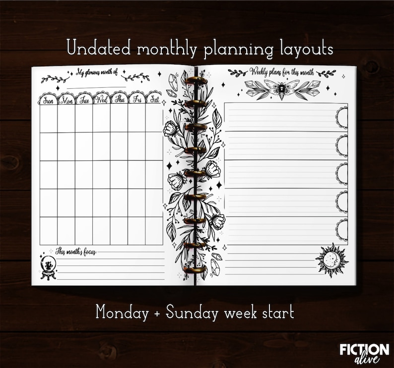 May include: Black and white printable planner pages with floral and celestial illustrations. The pages are designed for monthly and weekly planning. The text on the page reads "Undated monthly planning layouts", "My planning month of", "Sun Mon Tue Wed Thu Fri Sat", "Thy months focus", "Weekly plans for thy month", and "Monday + Sunday week start".