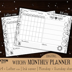 Puede incluir: Un planificador mensual de bruja imprimible en blanco y negro con diseños florales y celestiales. El planificador incluye una cuadrícula de calendario, una sección de plan semanal y espacio para afirmaciones y enfoque mensual. El planificador está disponible en tamaños A4 y carta.