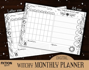 Witchy monthly planner A4 + LETTER size deskpad | Print yourself floral witch ink-saver notepad printable | Black white undated planner