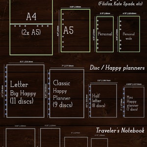 May include: A chart showing the different sizes of planners and notebooks, including A4, A5, Letter, Classic Happy Planner, Half Letter, Mini Happy Planner, Regular TN, B6, Personal, A6, and Pocket. The chart includes measurements in inches and millimeters.