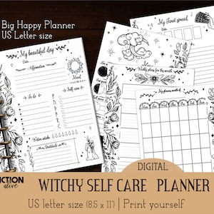 May include: A digital printable planner with a witchy theme. The planner includes pages for daily planning, weekly planning, and monthly planning. The pages are decorated with floral and celestial illustrations. The planner is designed for use with a disc-bound planner system. The text on the image reads "Witchy Self Care Planner" and "US letter size (8.5 x 11) | Print yourself".