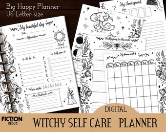 Witch's planner printable Letter size ink-saver | Print yourself floral witch journal | Self care magic witchy black and white planner