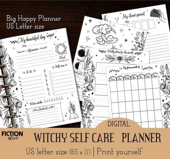Witch's planner printable Letter size ink-saver | Print yourself floral witch journal | Self care magic witchy black and white planner