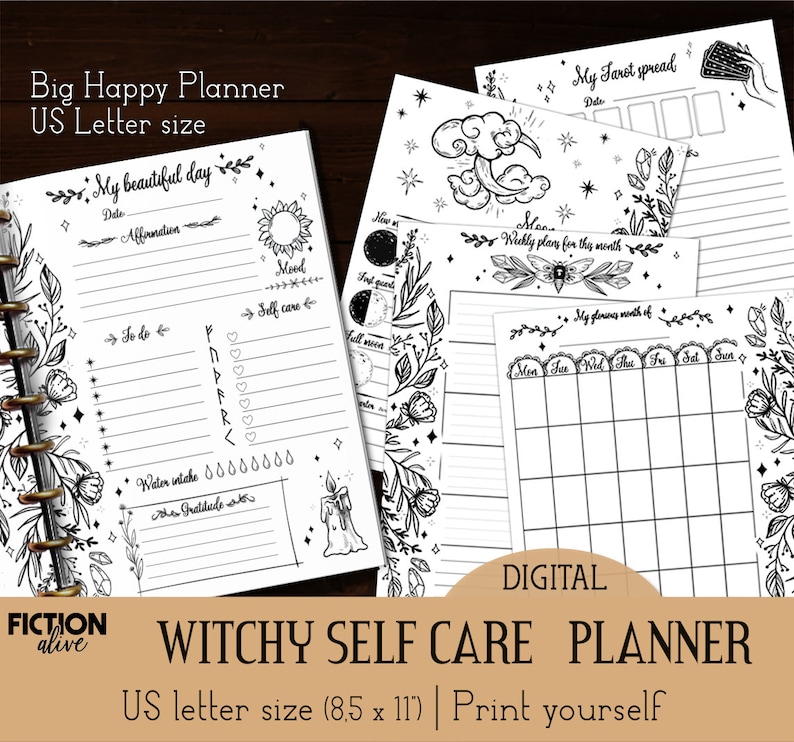 May include: A digital printable planner with a witchy theme. The planner includes pages for daily planning, weekly planning, and monthly planning. The pages are decorated with floral and celestial illustrations. The planner is designed for use with a disc-bound planner system. The text on the image reads "Witchy Self Care Planner" and "US letter size (8.5 x 11) | Print yourself".