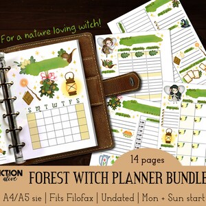 Pacote de planejador de bruxa florestal tamanho A5 | Inserções de planejador imprimíveis da bruxa verde da natureza Filofax | Diário de fichário de bruxaria mágica wicca com 6 argolas