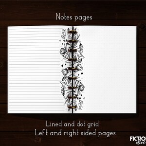 May include: A white notebook with lined and dotted pages. The notebook has a gold spiral binding and a floral design on the spine. The text "Notes pages" is at the top of the image and "Lined and dot grid Left and right sided pages" is at the bottom of the image.