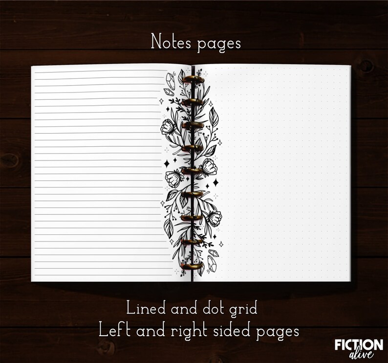 May include: A white notebook with lined and dotted pages. The notebook has a gold spiral binding and a floral design on the spine. The text "Notes pages" is at the top of the image and "Lined and dot grid Left and right sided pages" is at the bottom of the image.