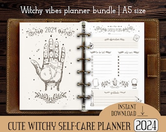 Cute witchy style planner 2024 - A5 A4 size ink-saver | Printable doodle ornament self-care journal | Filofax planner inserts to print