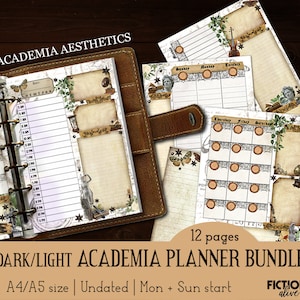 May include: A 12-page planner bundle with a dark academia aesthetic. The pages are decorated with vintage illustrations, including a clock, a book, and a butterfly. The planner is undated and can be used to start on either Monday or Sunday.