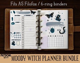 Moody witch planner printable pages A5 size | Faded occult witchy Filofax planner inserts | Magic witchcraft wicca 6 rings binder journal