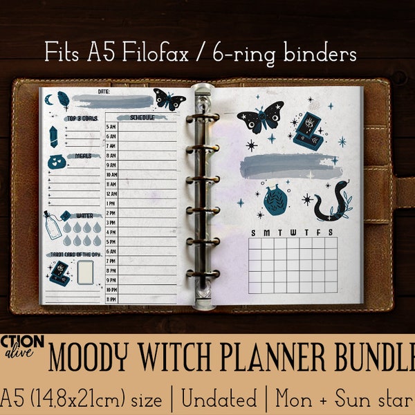 Moody witch planner printable pages A5 size | Faded occult witchy Filofax planner inserts | Magic witchcraft wicca 6 rings binder journal