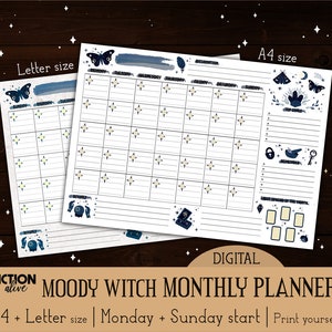 May include: Printable monthly planner with a witchy theme. The planner features a dark blue and white colour scheme with illustrations of a moth, a crescent moon, a cauldron, and a tarot card spread. The planner is available in both letter and A4 sizes.
