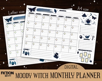 Moody witch monthly pad planner A4 + LETTER size | Print yourself occult witch deskpad printable | Vintage faded witchy planner moth magic