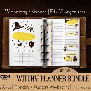 Páginas imprimíveis do planner Witchy tamanho A5 | Inserções de planejador Wicca bruxa Filofax | Bruxaria mágica wicca 6 argolas para impressão de diário
