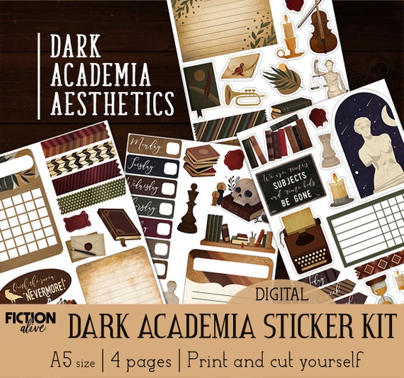 Dark academia sticker kit | Printable PDF bujo stickers A5 size | Aesthetics | Bullet journal printable planner kit | Print and cut out