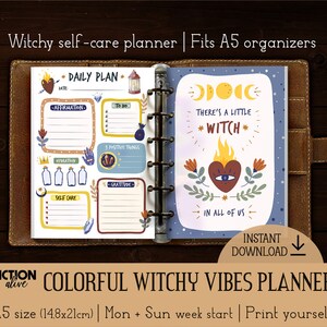 Planificador de vibraciones brujas tamaño A5 imprimible / Imprima su diario de brujas colorido / Inserciones Filofax mágicas de cuidado personal / Planificador de vibraciones positivas