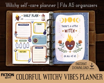 Witchy vibes planner A5 size printable | Print yourself colorful witch journal | Self care magic Filofax inserts | Positive vibes planner