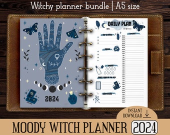 Moody witch 2024 planner A5 A4 size printable pages | Witchy planner inserts | Wicca witchcraft journal | Filofax Travelers Notebook planner