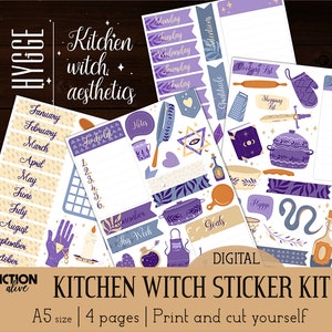 Kitchen witch sticker kit | Printable PDF pages A5 size | Hygge bujo witchy | Bullet journal printable planner kit | Print and cut out