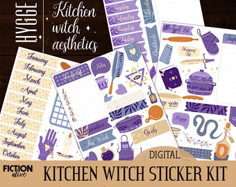 Kitchen witch sticker kit | Printable PDF pages A5 size | Hygge bujo witchy | Bullet journal printable planner kit | Print and cut out