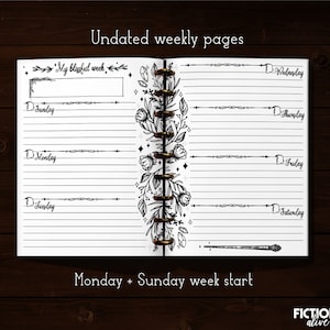 May include: A black and white printable planner page with a floral design and the text "Undated weekly pages" and "My blissful week". The page is divided into sections for each day of the week, starting with Sunday and ending with Saturday. The text "Monday + Sunday week start" is at the bottom of the page.