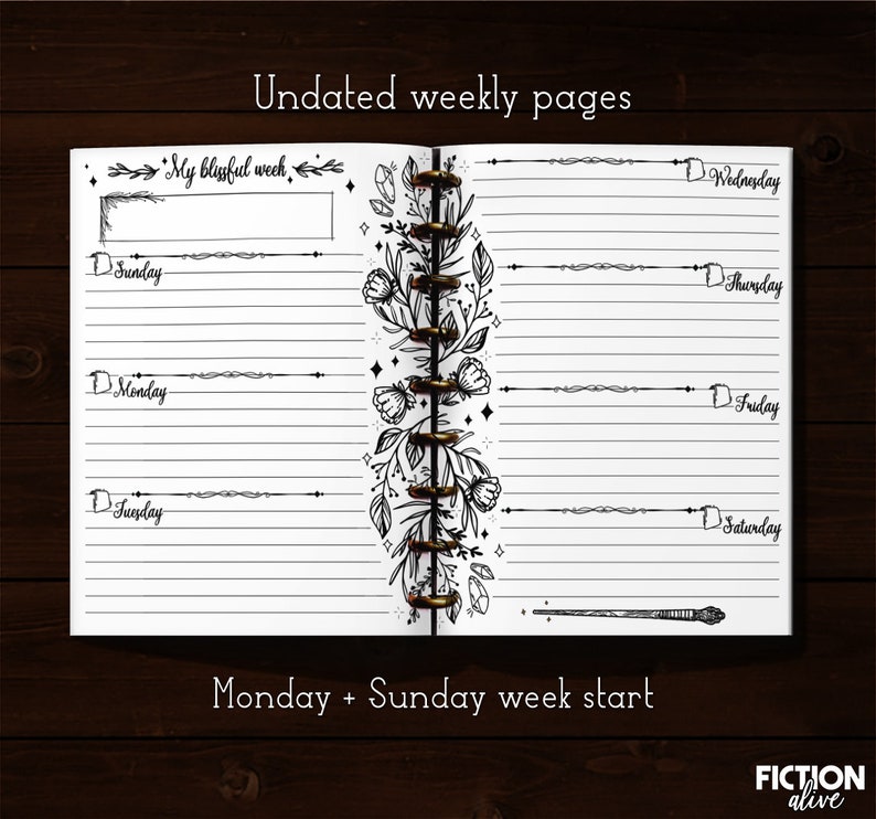 May include: A black and white printable planner page with a floral design and the text "Undated weekly pages" and "My blissful week". The page is divided into sections for each day of the week, starting with Sunday and ending with Saturday. The text "Monday + Sunday week start" is at the bottom of the page.