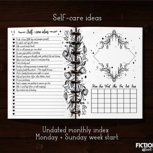 May include: A black and white printable planner page with a floral design and the text "Self-care ideas". The page includes a list of self-care activities and an undated monthly index with a Monday and Sunday week start.