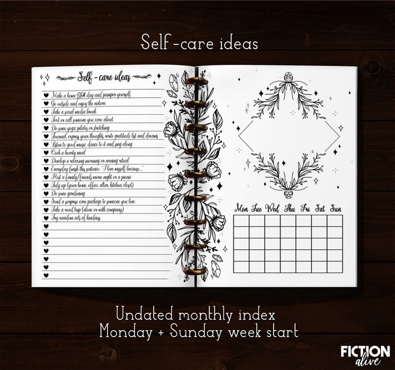 May include: A black and white printable planner page with a floral design and the text "Self-care ideas". The page includes a list of self-care activities and an undated monthly index with a Monday and Sunday week start.