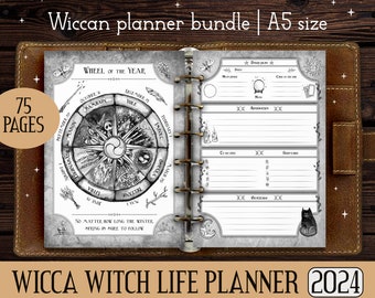 Wicca witch planner 2024 printable A5 size | Witchy filofax inserts | Moon magic | Tarot cheat sheet | Book of Shadows | Wiccan pages