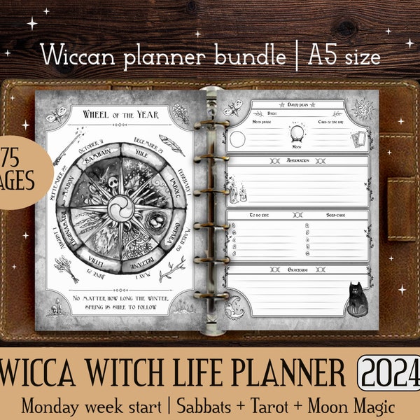 Wicca witch planner 2024 printable A5 size | Witchy filofax inserts | Moon magic | Tarot cheat sheet | Book of Shadows | Wiccan pages