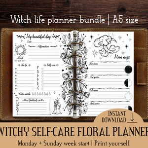 Witch's planner printable A5 size ink-saver | Print yourself undated floral journal | Self care magic witchy printable | Black white planner