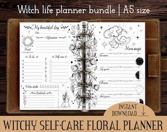 Witch's planner printable A5 size ink-saver | Print yourself undated floral journal | Self care magic witchy printable | Black white planner