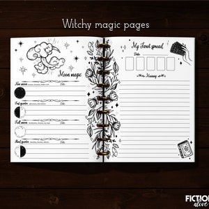 May include: A black and white printable planner page with a moon and stars design. The page is titled "Moon Magic" and has sections for tracking the new moon, first quarter, full moon, and last quarter. The page also includes a section for a tarot spread with the title "My Tarot Spread".