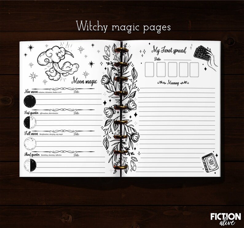 May include: A black and white printable planner page with a moon and stars design. The page is titled "Moon Magic" and has sections for tracking the new moon, first quarter, full moon, and last quarter. The page also includes a section for a tarot spread with the title "My Tarot Spread".