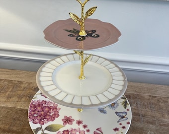 3-Tier Tiered Stand with Anthropolgie Butterfly, Anthropologie Boulevard Latte Stoneware and Grace Teaware Hydrangea with Butterflies.