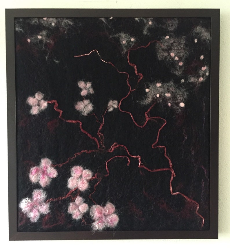 Cherry Blossom Black Felted Painting Pink Japanese Flowers Etsy
