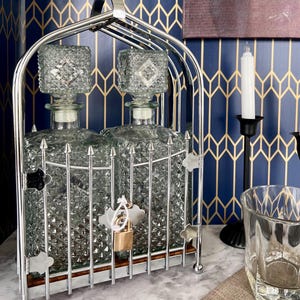 Vintage Crystal Decanter Set in Lockable Metal Cage | Restored Barware | Diamond Pattern Bottles | Unique Gift or Plant Display