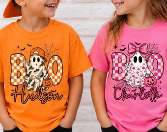 Personalized Kids Halloween Shirt, Custom Name BOO Ghost Tee, Boys Girls Halloween Shirt, Sibling Matching Halloween Outfit, Baby Bodysuit