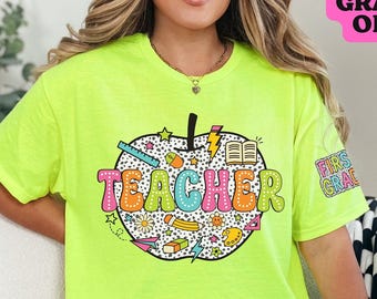Grade teacher shirts, neon teacher T-shirts teacher gifts kindergarten teacher shirt back to school tee for teacher first day of school gift