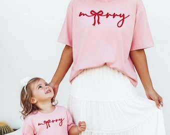 Merry Bow Sweatshirt, Matching Mama & Daughter Christmas Sweatshirt, Cute Holiday T-Shirt, Cozy Christmas Hoodie, Family Xmas Photo Outfit