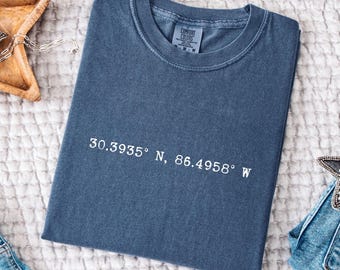 Custom Coordinates Shirt, Comfort Colors Tee, Personalized Vacation Destination T-Shirt, Perfect Gift for Travel Lovers, Latitude longitude