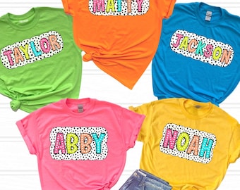 Custom kids name neon shirts personalized Dalmatian dots shirt custom girls name boys name school T-shirt retro bright color birthday tee