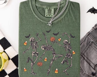 Comfort Colors® Vintage Dancing Skeleton Shirt, Retro Halloween Graphic Tee, Spooky Season Fall Top, Oversized Skeleton Candy T-Shirt Bats